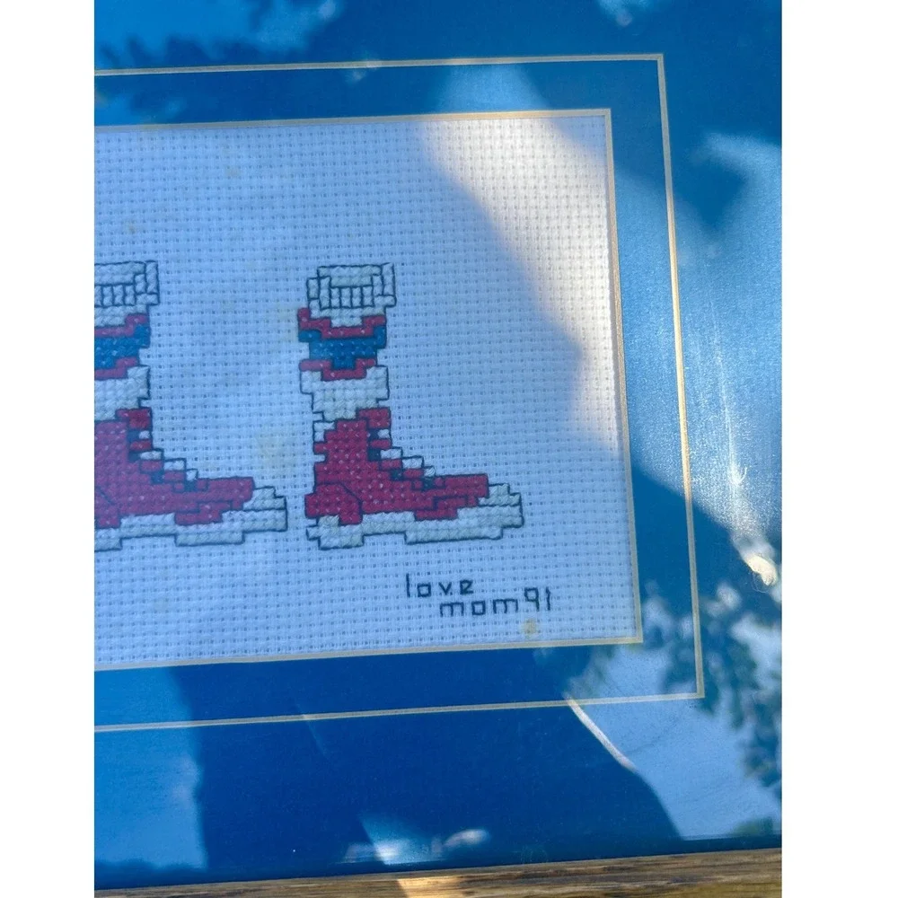 Handmade Basketball Cross Stitch Framed Art 16x8 Blue Red Wood 90s Vintage Good